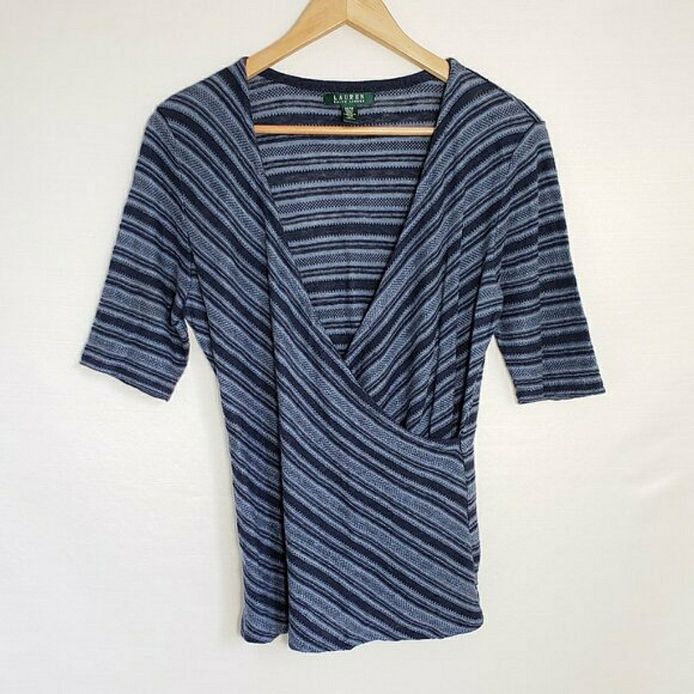 LRL Blue Stripe Knit Sweater top with Short Sleeve, Cross Front, Linen knit Med.